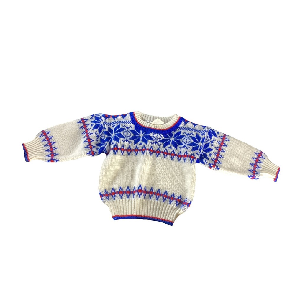 Vintage Sweater Infant Toddler 18 Month  Fair Isle Knit  Acrylic Blue Cream